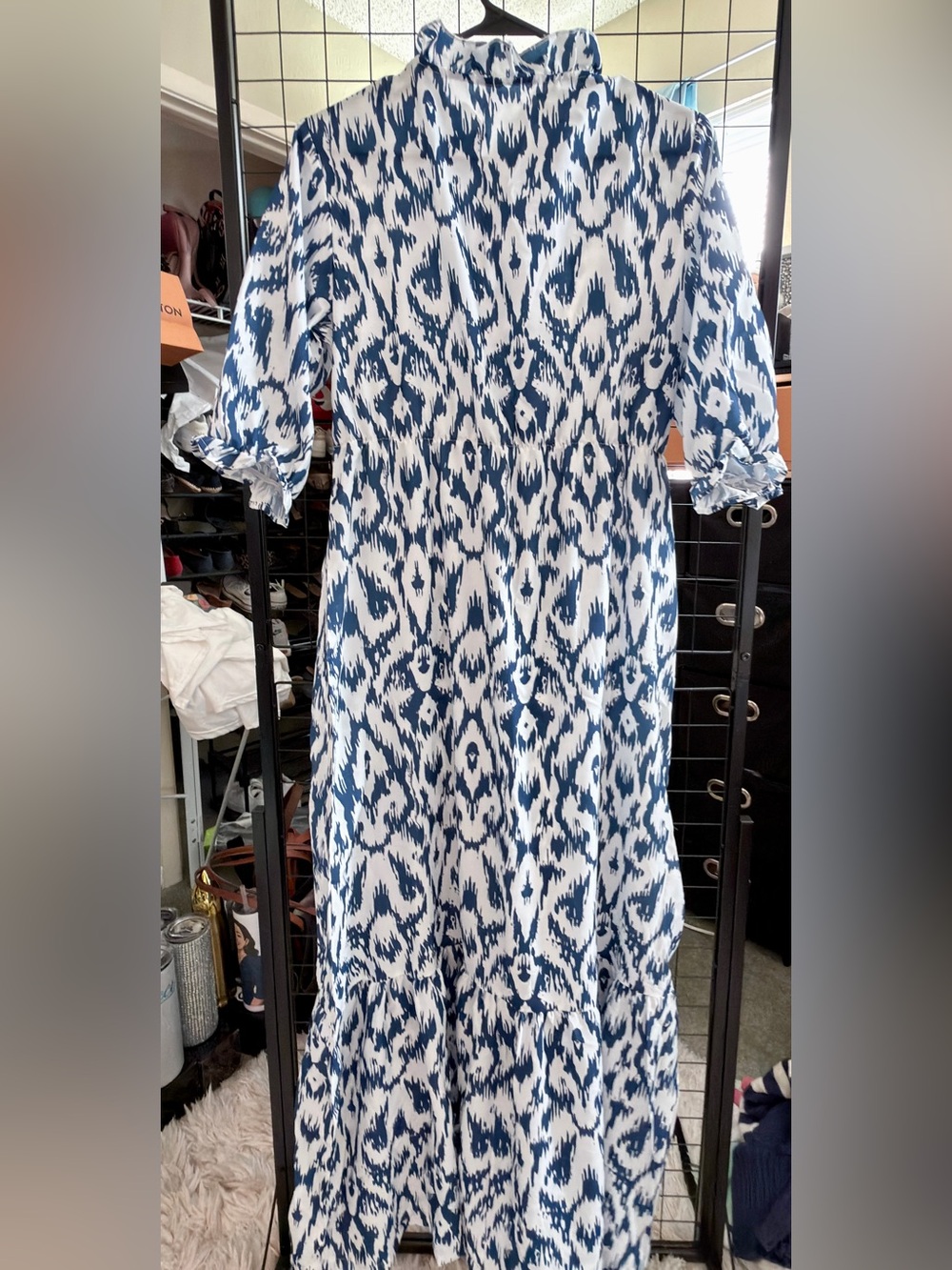 Blue and White Printed Midi Dress - Picture 6 of 8